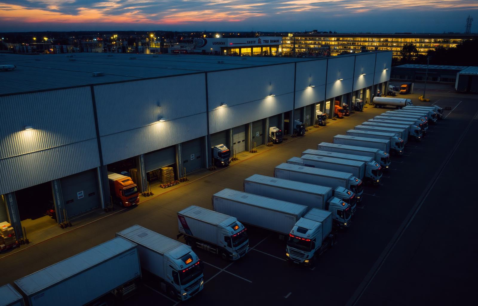 Distribution center with docked trucks at dusk